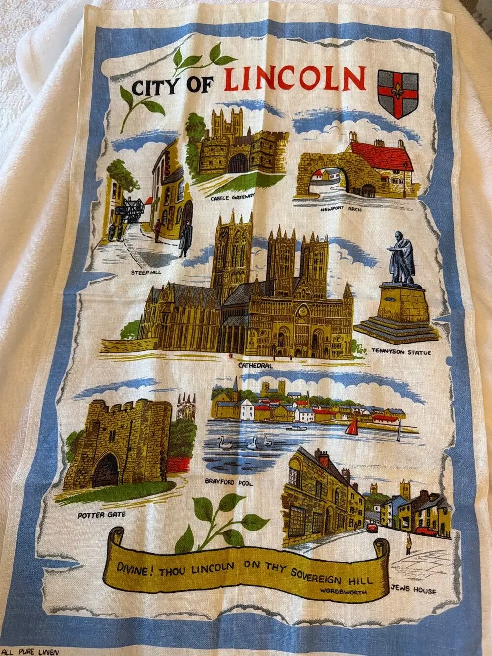 Vintage City of Lincoln England Pure Linen Tea Towel Cathedral Souvenir Map